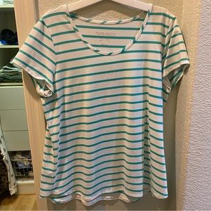 Susan Graver Womens T-Shirt Weekend Essentials Turquoise White Striped Size L
